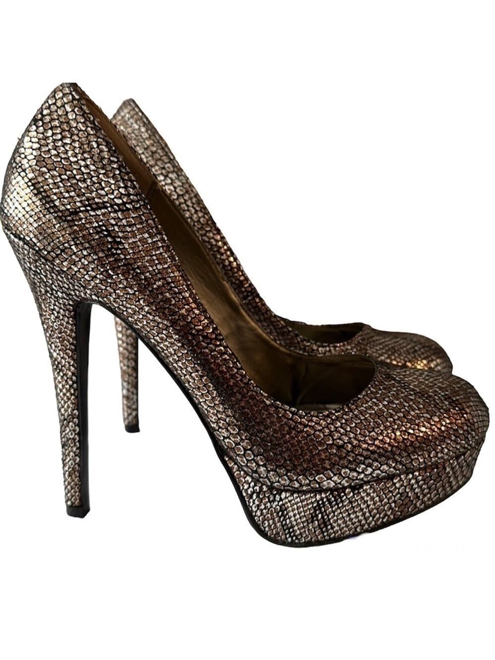 Le Chateau Metallic Reptile Snakeskin Round Toe Platform Stiletto 5” Heel